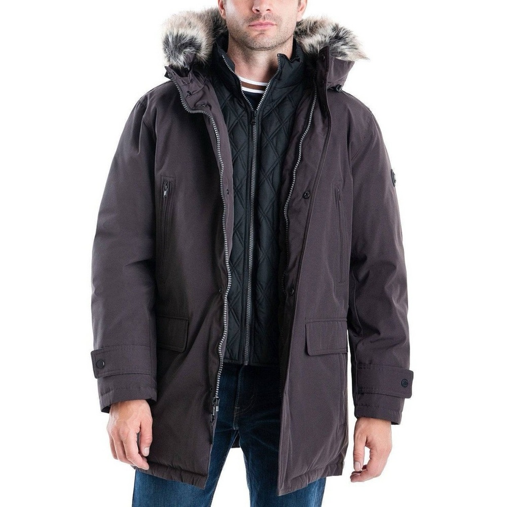 Michael Kors Dark Brown Puffer Coat with Faux Fur Hood